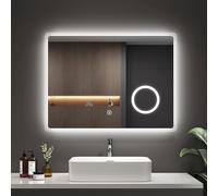 EMKE 80 x 60 cm LED Bathroom Mirror with Shaver Socket, Backlit Bathroom Mirror with LED Lights, 3X Magnifier/Anti-fog, Wall Mounted Vanity Mirrors, IP44, Horizontal
