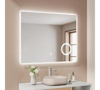 EMKE Backlit Illuminated Bathroom Mirror with Shaver Socket 900x700mm, Wall Mounted Multifunction LED Bathroom Vanity Mirror with Touch Switch, Demister Pad and 3x Magnifier [Horizontal]