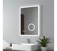 EMKE Backlit Illuminated Bluetooth Bathroom Mirror with Shaver Socket 500x700mm, Wall Mounted Multifunction LED Bathroom Vanity Mirror with Lights + Demister + 3-Fold Magnification