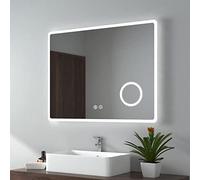 EMKE Backlit Illuminated Bluetooth Bathroom Mirror with Shaver Socket 900x700mm, Wall Mounted Multifunction LED Bathroom Vanity Mirror with Lights + Demister + 3-Fold Magnification