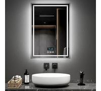 EMKE Bathroom Mirror with LED Lights 500 * 700MM, LED Bathroom Mirror with Demister Pad, Smart Vanity Mirror with Clock and Bluetooth, Wall Mounted Mirror with Shaver Socket, 3 Colors Dimmable