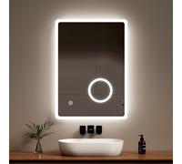 EMKE Bathroom Mirror with Shaver Socket 500x700mm, Wall Mounted Bathroom Mirror with LED Lights, Illuminated 3X Magnifier Makeup Mirror, Bathroom LED Mirror, Anti-fog, Vertical, IP44