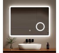 EMKE Bathroom Mirror with Shaver Socket 600x800mm, Wall Mounted Bathroom Mirror with LED Lights, Illuminated 3X Magnifier Makeup Mirror, Bathroom LED Mirror, Anti-fog, Dimmable, Horizontal