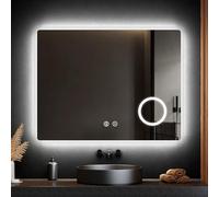 EMKE Bluetooth Bathroom Mirror with LED Lights and Shaver Socket, 90 x 70 cm Backlit LED Bathroom Mirror with Lights and Safety Shaver Socket/Anti-fog/Horizontal, IP44, Hardwired, IP44