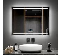 EMKE Bluetooth Bathroom Mirror with Lights and Shaver Socket, 60 x 80 cm Backlit Bathroom Mirror with LED Lights, Time Display/Bluetooth Speaker/Anti-fog/Dimmable, Horizontal, IP44