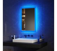 EMKE Bluetooth Bathroom Mirror with Shaver Socket, 400 x 600 mm Blue Atmosphere Illuminated Bathroom Mirror with 3 Color Tone, Dimmable, Memory Function, Demister Wall Mounted Bathroom Vanity Mirror