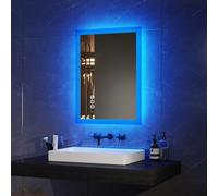 EMKE Bluetooth Bathroom Mirror with Shaver Socket, 450 x 600 mm Blue Atmosphere Illuminated Bathroom Mirror with 3 Color Tone, Dimmable, Memory Function, Demister Wall Mounted Bathroom Vanity Mirror