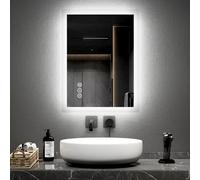 Emke Bluetooth Bathroom Mirror With Shaver Socket, 450X600mm Blue Atmosphere Light Mirror With 2 Color, Dimmable, Demister