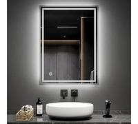 EMKE Illuminated Bathroom Mirror with Shaver Socket, 60 x 80 cm Wall Mounted Bathroom Mirror with Lights and Shaver Socket, Anti-fog/Dimmable/Touch Switch, Hardwired, IP44