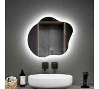 EMKE Led Backlit Bathroom Mirror, 45x50cm Asymmetrical Wall Mounted Vanity Mirror with Touch, Anti-Fog, Dimmable & 3 Colors, Frameless Illuminated Wall Mirror for Bedroom, Vertical/Horizontal