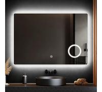 EMKE LED Bathroom Mirror with Lights and Shaver Socket, 100 x 70 cm Illuminated Bathroom Mirror with Safty Socket/Anti-fog/Touch Switch, Backlit Mirrors LED Mirrors for Bathrooms,Horizontal,IP44