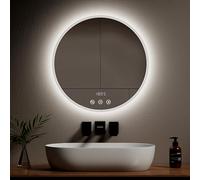 EMKE Round LED Bathroom Mirror with Bluetooth - 600mm Wall Mounted Backlit LED Circle Mirror with Demister, Clock Temperature Display, Large Illuminated Smart Makeup Mirrors