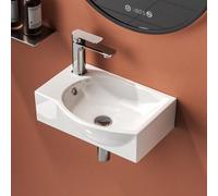 EMKE Small Bathroom Sink Wall Mounted Cloakroom Basin Rectangular Countertop Basin Ceramic Bathroom Vessel Sink White Corner Sink 400 x 280 x 140mm (LxWxH) - One Left Hand Tap Hole