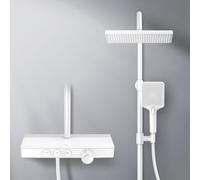 EMKE Thermostatic Shower Column, Matte White, with Thermostatic Rain Shower and Hand Shower, 3 Jet Types, 36 cm Thermostatic Panel, 30 cm Rain Shower