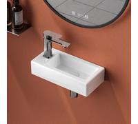 EMKE Wall Mounted Bathroom Sink Small Cloakroom Basin Rectangular Countertop Basin Ceramic Bathroom Vessel Sink White Corner Sink 36 x 18 x 9 cm (LxWxH) - One Left Hand Tap Hole