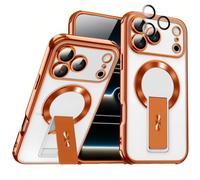 Emlivi Magnetic Case for iPhone 16 Pro, Transparent Mobile Phone Case with Camera Protection and Protective Glass, Galvanised TPU Case with Stand, Shockproof Protective Case with Holder, Orange