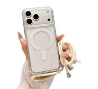 Emlivi Magnetic Case for iPhone 17 Pro Max with Strap, Mobile Phone Case, Wireless Charging, Transparent TPU Case with Cord for Hanging, Magnet, Shockproof Protective Case for iPhone 17 Pro Max, White