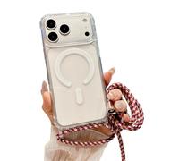 Emlivi Magnetic Case for iPhone 17 Pro Max with Strap, Mobile Phone Case, Wireless Charging, Transparent TPU Case with Cord for Hanging, Magnet, Shockproof Protective Case for iPhone 17 Pro Max, Red