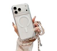 Emlivi Magnetic Case for iPhone 17 Pro with Strap, Mobile Phone Case, Wireless Charging, Transparent TPU Case with Cord for Hanging, Magnet, Shockproof Protective Case for iPhone 17 Pro, Pink