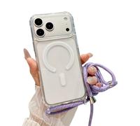 Emlivi Magnetic Case for iPhone 17 with Strap, Mobile Phone Case, Wireless Charging, Transparent TPU Case with Cord for Hanging, Magnet, Shockproof Protective Case for iPhone 17, Lavender
