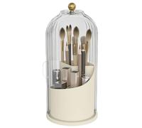 Emljkvp Makeup Brush Holder with Dustproof Cover 360 Rotating Makeup Brush Organizer for Vanity Bathroom, White/Beige