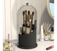 Emljkvp Makeup Brush Holder with Dustproof Cover 360 Rotating Makeup Brush Organizer for Vanity Bathroom, White/Black