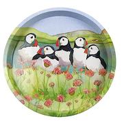 Emma Ball Colourful Round Tin Tea/Drinks Tray - Puffins in Sea Thrift Design - 32 cm