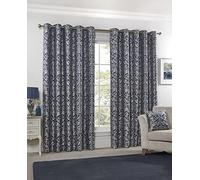 Emma Barclay - Fully Lined Curtains for Bedroom Living Room Jacquard Eyelet Two Panel Damask Curtains Eden Collection (46” x 54” Inch)(Navy)