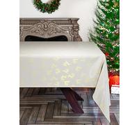 Emma Barclay Christmas Table Cloth, Rectangular Machine Washable Xmas Dining Tablecloth in Cream with Gold Reindeer Design - 36x36 Inch (91x91cm)
