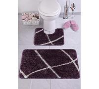 emmahome Luxurious 25mm Thick Bath Mats Shaggy Glitter Sparkly Washable Machine Non-slip 2 Piece Set Toilet Rug (Purple/White, Small-50x80cm and 40x50cm)
