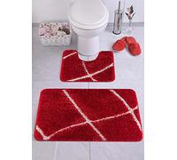 emmahome Luxurious 25mm Thick Bath Mats Shaggy Glitter Sparkly Washable Machine Non-slip 2 Piece Set Toilet Rug (Red/Whitee, Small-50x80cm and 40x50cm)