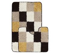 emmahome Luxurious Soft Shaggy Bath Mats Non-Slip Machine Washable 2 Piece Set Toilet Rug, Onato (Large - 60x100cm, Mustard/Beige/Cream/Brown)