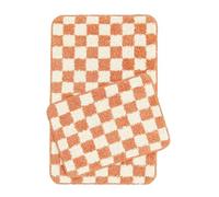 emmahome Luxury Shaggy 2 Piece Bath Mat Set, Non Slip Ultra Soft Water Absorbent Machine Washable Rug Toilet Bathroom Mats, Chess Design Small or Large (Peach/Cream, Large - 60 x 100 cm)