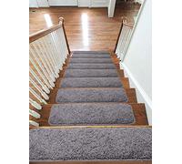 Emmahome Soft Shaggy Carpet Stair Treads/Mats/Rugs NON-SLIP MACHINE WASHABLE, 30mm Thickness, 20x55cm (13pc in Box, Grey)