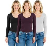 Emmalise Women's Basic Athletic Fit Tshirt Long Sleeves Round Crew Neck Tee, 3pk - Black, Plum, White, L
