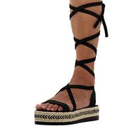 Emmanuela Antique Greek Style Straw Calf High Sandals Handmade Gladiator Tie Sandals Summer Strappy Flat Lace Up Sandals, black, 8 UK