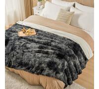 EMME Faux Fur Blanket, 220 x 240cm, Fluffy Bed Throw Fleece Blanket, Super Soft, Thick and Elegant, Warm Cozy Reversible Throws for Sofa, Bed, Tie Dye Black