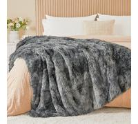 EMME Faux Fur Blanket, 220 x 240cm, Fluffy Bed Throw Fleece Blanket, Super Soft, Thick and Elegant, Warm Cozy Reversible Throws for Sofa, Bed, Tie Dye Dark Grey