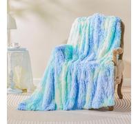 EMME Faux Fur Blanket, Super Soft, Thick and Elegant, Fluffy Microfiber Fleece Blanket, Warm Cozy Reversible Throw, Tie Dye Blue Green, 130 x 150 cm