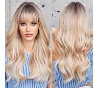 EMMOR Long Wave White Mixed Wig with Bangs Dark Roots Curly for Women Synthetic Wig Natural Looking Heat Resistant Fiber Wig