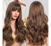 EMMOR Ombre Brown with Highlight Wavy Wigs for Women Long Curly Wigs with Bangs Heat Resistant Fiber Synthetic Wigs Natural looking for Daily Use