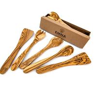 EMNA - 5-Piece Olive Wood Kitchen Utensil Set | Approx. 30 cm | Exclusive Gift Box | Design Cooking Spoon with Pointed Corner | Salad Servers | Flat and Slotted Spatula | Birthday Woman