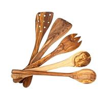 EMNA - 5 Piece Olive Wood Kitchen Utensils Set 30cm Luxury Olive Wood Cooking Spoon, Flat Turner and Slotted Turner, Salad Server, Kitchen Lovers,