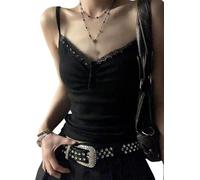 Emo Alt Goth Grunge Tank Tops, Y2k Spaghetti Strap Camisole Tops, Summer Gothic Clothes Backless Vest (L,Black1)