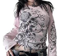 Emo Graphic Long Sleeve Tops Y2K Gyaru Grunge Vintage Aesthetic Harajuku Acubi Tee Shirts 2000s Streetwear Clothes (Pink, XL)