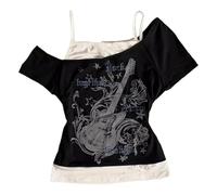 Emo Grunge Shirts Women 2000s Graphic Baby Tees Fake Two Piece Short Sleeve Vintage Y2k Crop Top Goth Alt Clothes, Black Grey, L