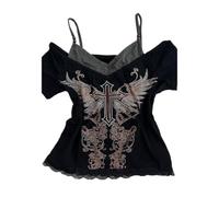Emo Grunge Shirts Women 2000s Graphic Baby Tees Fake Two Piece Short Sleeve Vintage Y2k Crop Top Goth Alt Clothes, Black Red, L