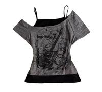 Emo Grunge Shirts Women Graphic Baby Tees Fake Two Piece Short Sleeve Vintage Y2k Crop Top Goth Alt Clothes, Grey Black, L
