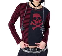 Emo Striped Long Sleeve Tops Y2K Gyaru Grunge Vintage Aesthetic Harajuku Graphic Acubi Tee Shirts 2000s Streetwear Clothes (Red, M)