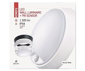 EMOS LED Wall Light and Ceiling Light with Motion Sensor, Round, IP54 Waterproof 14 W Outdoor Light for Balcony, Basement, Garage, Outdoor, 1100 lm, Neutral White 4000K, Diameter 21.5 cm, ZM3231, 21.5